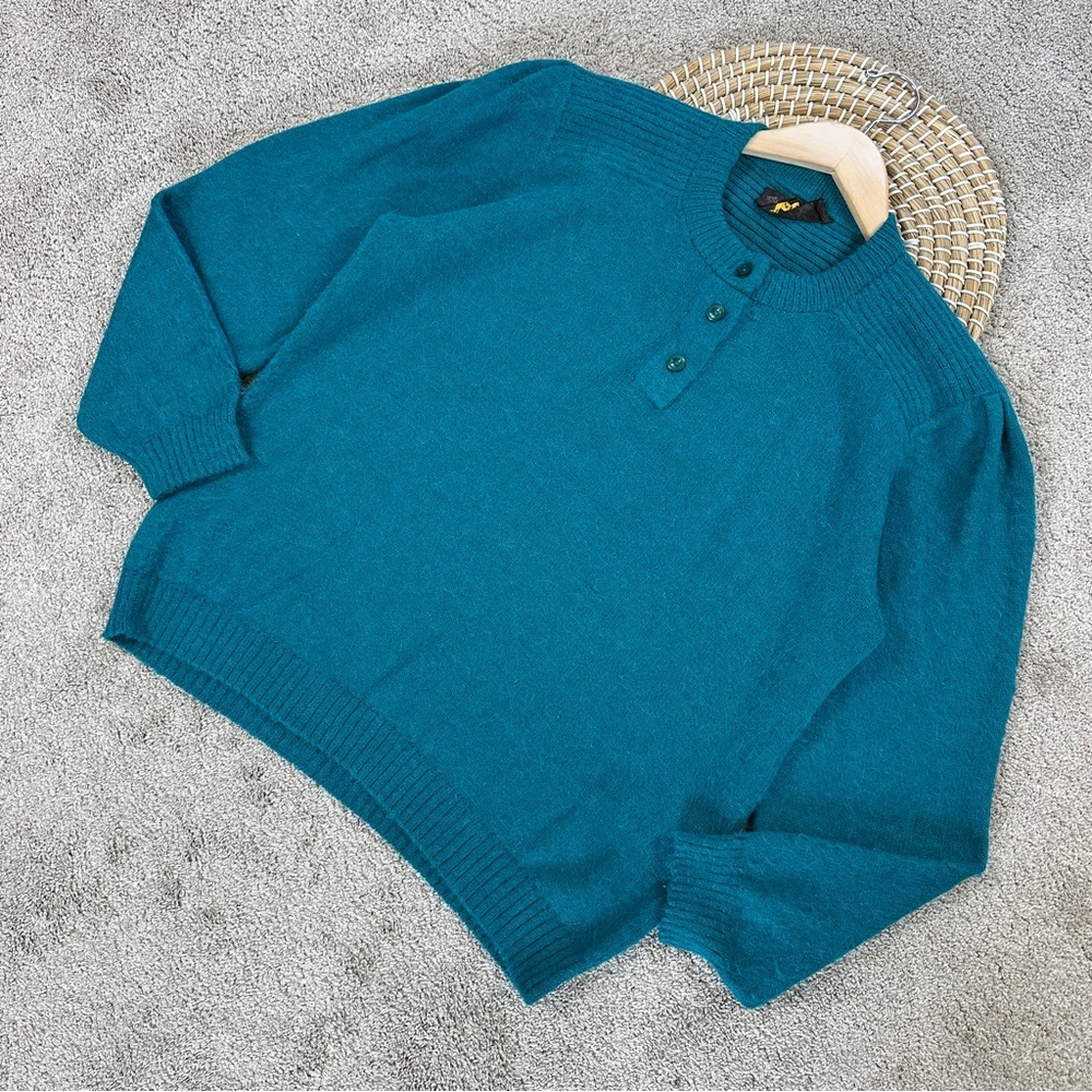 Artesania Huanca Women’s 100% Alpaca Wool Henley Sweater in Blue Teal 35/US S